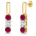 thumbnail image 1 of Gem Stone King 18K Yellow Gold Plated Silver Red Created Ruby and Sky Blue Aquamarine Drop Dangle Earrings for Women | 1.70 Cttw | Gemstone July Birthstone | Round 5MM, 1 of 6