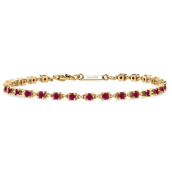 Gem Stone King 18K Yellow Gold Plated Silver Red Created Ruby Tennis Bracelet | 1.62 Cttw | Round: 2.5MM | Gemstone Birthstone | 7 inch