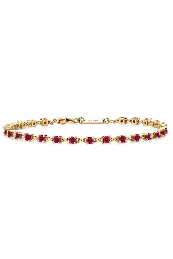 18K Yellow Gold Plated Silver Red Created Ruby Tennis Bracelet | 1.62 Cttw | Round: 2.5MM | Gemstone Birthstone | 7 inch