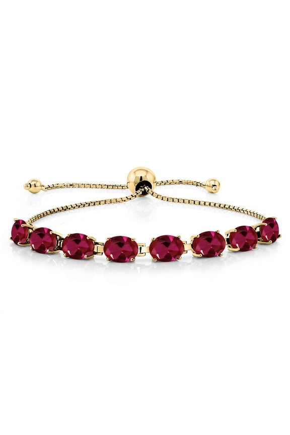 18K Yellow Gold Plated Silver Red Created Ruby Tennis Bracelet for Women (8.00 Cttw, Gemstone July Birthstone, Oval 7X5MM, Fully Adjustable up to 9 inch)