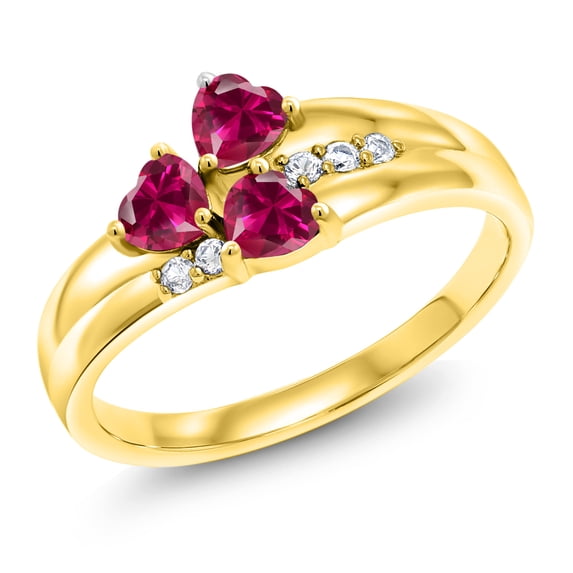 Gem Stone King 18K Yellow Gold Plated Silver Red Created Ruby and White Created Sapphire 3-Stone Ring for Women (0.98 Cttw, Heart Shape 4MM, Gemstone July Birthstone, Size 6)