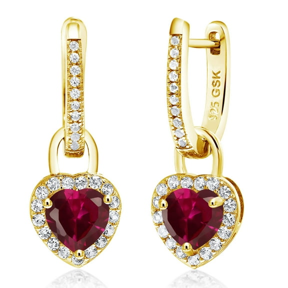 Gem Stone King 18K Yellow Gold Plated Silver Red Created Ruby and White Created Sapphire Dangle Earrings for Women (2.42 Cttw, Gemstone July Birthstone, Heart Shape 6MM)