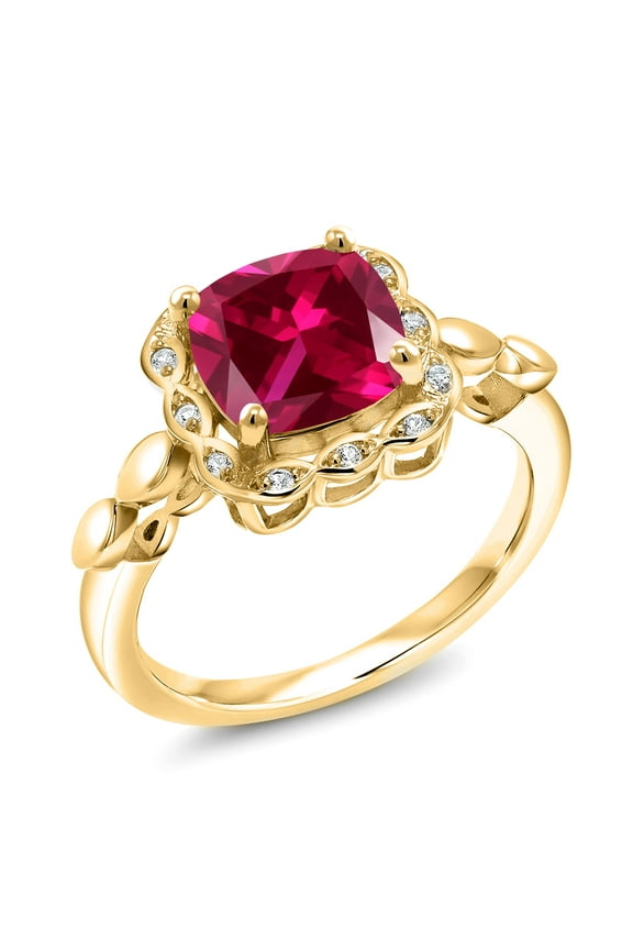 18K Yellow Gold Plated Silver Red Created Ruby and White Created Sapphire  Ring for Women (2.60 Cttw, Gemstone July Birthstone, Cushion 8MM, Size 7)