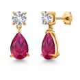 thumbnail image 1 of Gem Stone King 18K Yellow Gold Plated Silver Red Created Ruby and White Created Sapphire Teardrop Dangle Drop Earrings for Women (8.96 Cttw, Gemstone Birthstone, Pear Shape 12x8MM, Round 6MM), 1 of 4