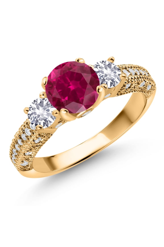 18K Yellow Gold Plated Silver Red Created Ruby White Created Sapphire and White Moissanite Engagement Ring for Women (2.13 Cttw, Gemstone July Birthstone, Round 7MM and 4MM, Size 5)