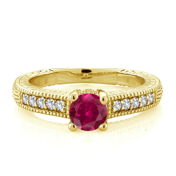 Gem Stone King 18K Yellow Gold Plated Silver Red Created Ruby and White Created Sapphire Women's Solitaire Ring with Accent Stones (0.75 Cttw, Round Shape 5MM, Size 7)