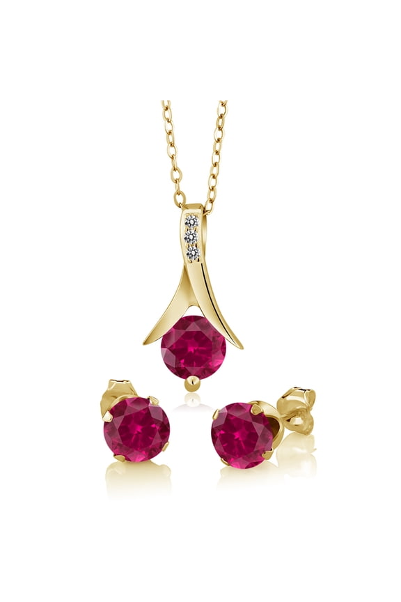 18K Yellow Gold Plated Silver Red Created Ruby and White Diamond Pendant and Earrings Jewelry Set for Women (3.05 Cttw, with 18 inch Chain)