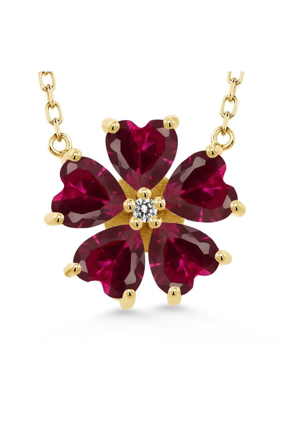18K Yellow Gold Plated Silver Red Created Ruby and White Diamond Pendant Necklace for Women (4.84 Cttw, Heart Shape 6MM, with 18 inch Chain)