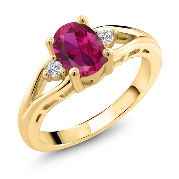 Gem Stone King 18K Yellow Gold Plated Silver Red Created Ruby and White Lab Grown Diamond 3 Stone Engagement Ring for Women | 1.43 Cttw | Oval 8X6MM | Round 2MM | Gemstone July Birthstone | Size 9