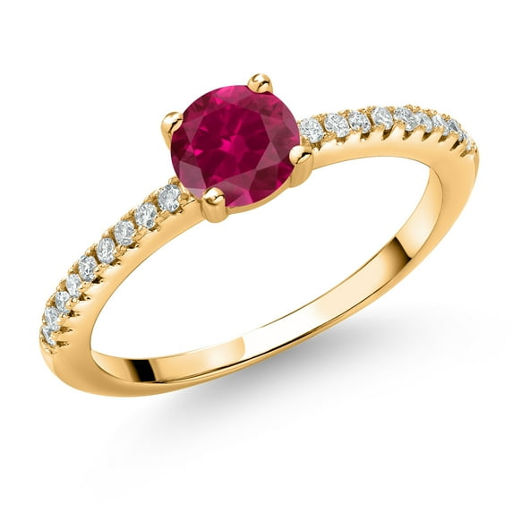 Gem Stone King 18K Yellow Gold Plated Silver Red Created Ruby and White Lab Grown Diamond Engagement Wedding Anniversary Ring for Women (0.69 Cttw, Round 5MM, Available in Size 5, 6, 7, 8, 9)
