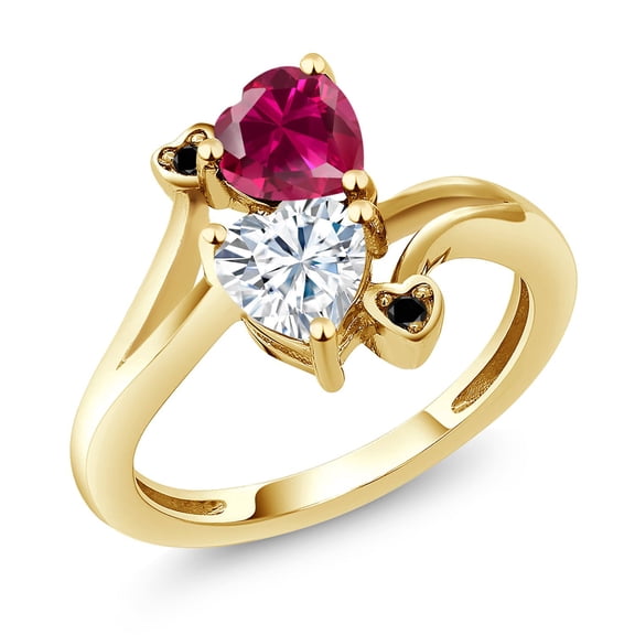 Gem Stone King 18K Yellow Gold Plated Silver Red Created Ruby White Moissanite and Black Diamond Ring for Women (1.80 Cttw, Heart Shape 6MM, Gemstone July Birthstone, Size 8)
