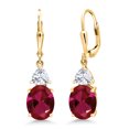 thumbnail image 1 of Gem Stone King 18K Yellow Gold Plated Silver Red Created Ruby and White Moissanite Dangle Earrings for Women (6.94 Cttw, Gemstone July Birthstone, Oval 10X8MM, Trillion 5MM), 1 of 4