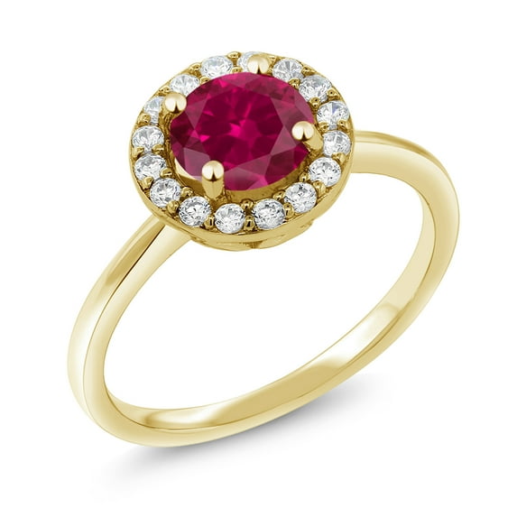 Gem Stone King 18K Yellow Gold Plated Silver Red Created Ruby and White Moissanite Halo Engagement Ring for Women (1.68 Cttw, Gemstone July Birthstone, Round 7MM, Size 8)