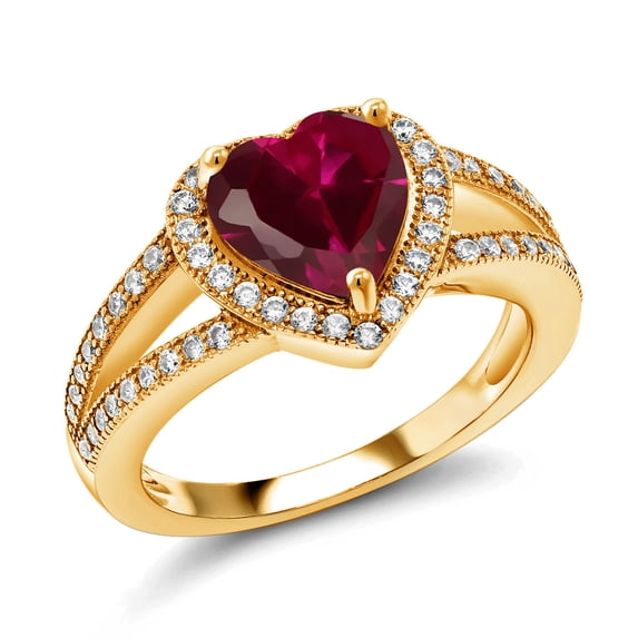 Gem Stone King 18K Yellow Gold Plated Silver Red Created Ruby and White Moissanite Ring for Women (2.41 Cttw, Gemstone July Birthstone, Heart Shape 8MM, Available in Size 5,6,7,8,9)