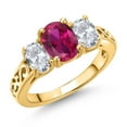 thumbnail image 1 of Gem Stone King 18K Yellow Gold Plated Silver Red Created Ruby and White Topaz Filigree Style 3 Stone Ring for Women (2.55 Cttw, Oval 8X6MM and 6X4MM) (Size 7), 1 of 6
