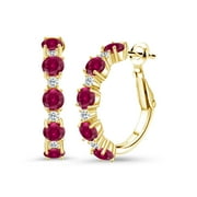 GEM STONE KING 18K Yellow Gold Plated Silver Red Created Ruby and White Topaz Hoop Earrings for Women (2.82 Cttw, Round 4MM and 1.9MM, Gemstone Birthstone 1 inch Diameter)