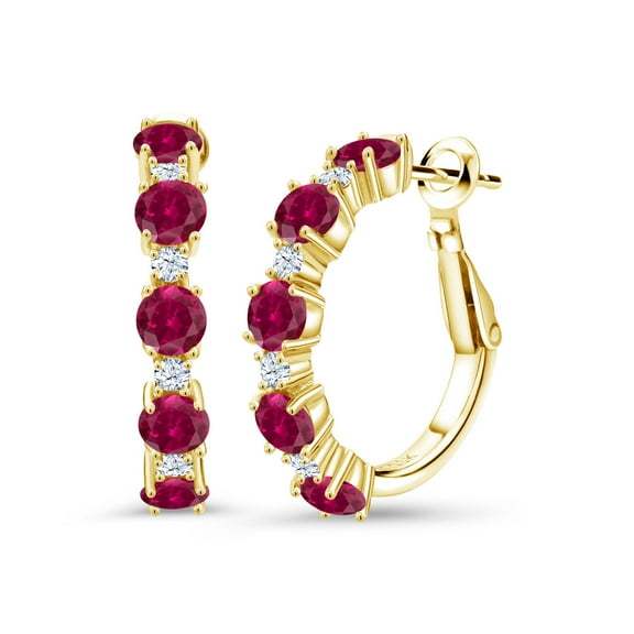 Gem Stone King 18K Yellow Gold Plated Silver Red Created Ruby and White Zirconia Hoop Earrings for Women (2.74 Cttw, Round 4MM and 1.9MM, 1 inch Diameter)