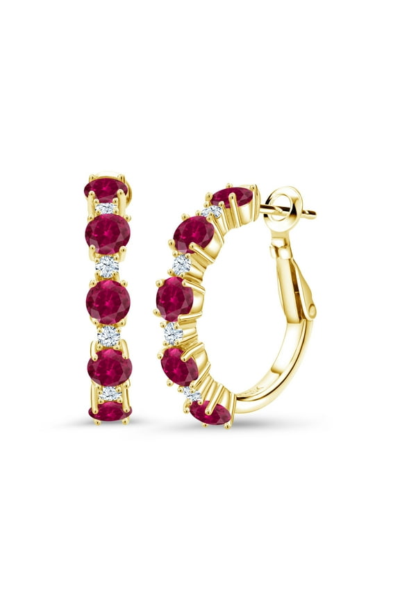 18K Yellow Gold Plated Silver Red Created Ruby and White Zirconia Hoop Earrings for Women (2.74 Cttw, Round 4MM and 1.9MM, 1 inch Diameter)