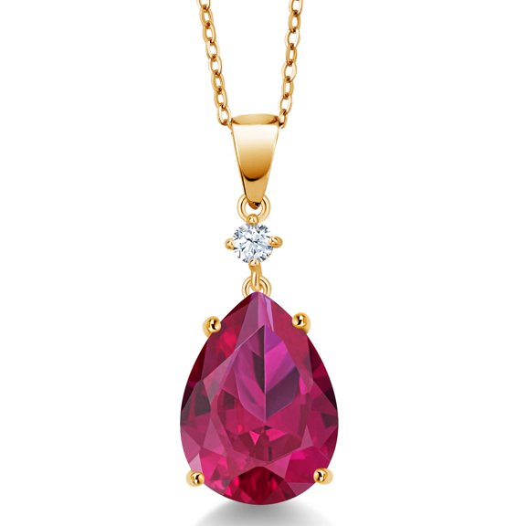 Gem Stone King 18K Yellow Gold Plated Silver Red Created Ruby and White Zirconia Pendant for Women (9.73 Cttw, Gemstone July Birthstone, Pear Shape 16X12MM)