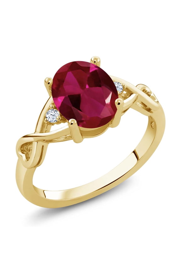 18K Yellow Gold Plated Silver Red Created Ruby Women Engagement Ring (2.09 Ct Oval, Available in Size 5, 6, 7, 8, 9)