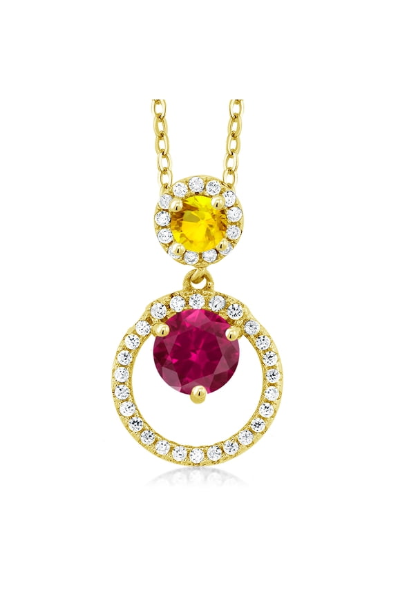 18K Yellow Gold Plated Silver Red Created Ruby and Yellow Sapphire Pendant Necklace for Women (1.96 Cttw, Gemstone July Birthstone, Round 6MM and 4MM)