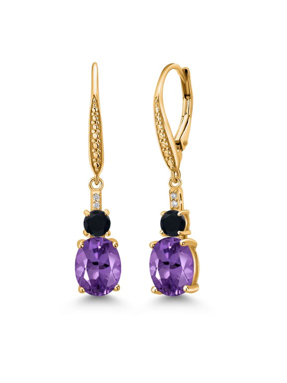 18K Yellow Gold Plated Silver Red Created Ruby and White Lab Grown Diamond Dangle Earrings for Women (4.53 Cttw, Oval 9X7MM)
