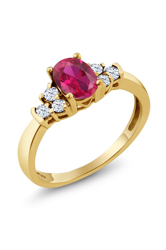 18K Yellow Gold Plated Silver Red Created Ruby and White Topaz Women Ring (0.74 Ct Oval, Available in Size 5, 6, 7, 8, 9)