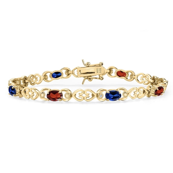 Gem Stone King 18K Yellow Gold Plated Silver Red Garnet and Blue Created Sapphire and Lab Grown Diamond Bracelet for Women | 4.69 Cttw | Gemstone January Birthstone | Oval 6X4MM | Length 7.25 inches