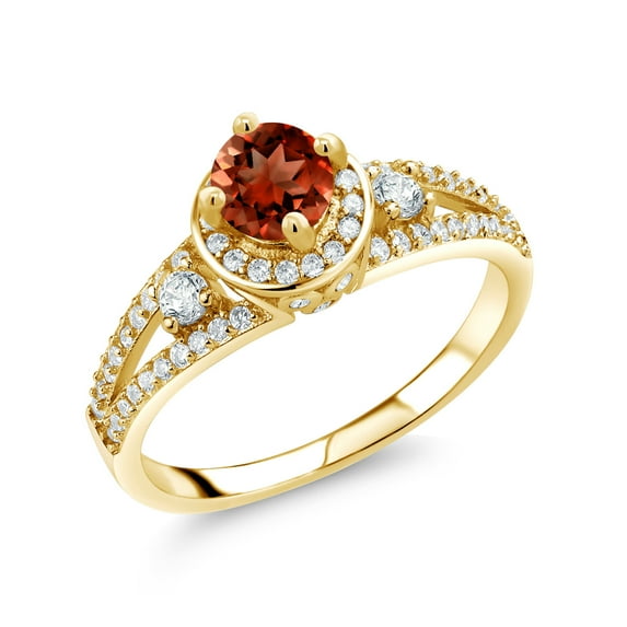 Gem Stone King 18K Yellow Gold Plated Silver Red Garnet Engagement Ring for Women (1.94 Cttw, Round 5MM, Gemstone October Birthstone, Size 6)