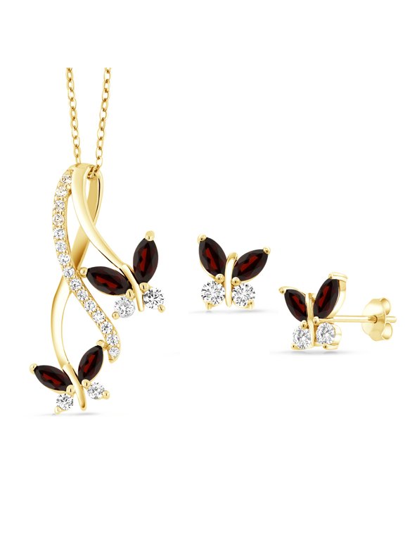 18K Yellow Gold Plated Silver Red Garnet Pendant and Earrings Jewelry Set for Women | 2.25 Cttw | Gemstone Birthstone | With 18 inch Chain | Fine Jewelry Gifts for Women Mom Wife Her