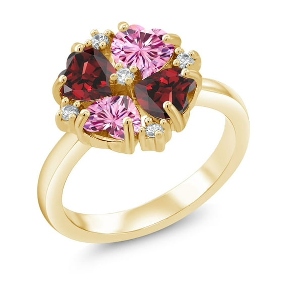 Gem Stone King 18K Yellow Gold Plated Silver Red Garnet and Pink Moissanite Ring for Women (2.28 Cttw, Heart Shape 5MM, Gemstone January Birthstone, Size 7)