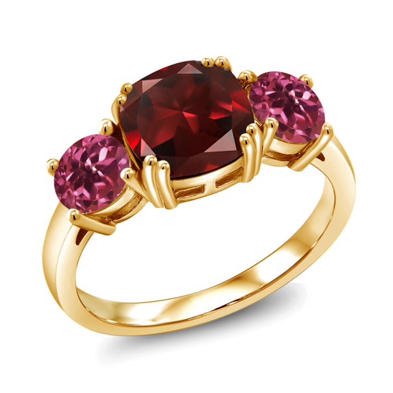 Gem Stone King 18K Yellow Gold Plated Silver Red Garnet and Pink Tourmaline 3 Stone Engagement Ring for Women (3.50 Cttw, Gemstone January Birthstone, Cushion 8MM, Size 7)