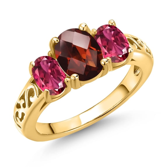 Gem Stone King 18K Yellow Gold Plated Silver Red Garnet and Pink Tourmaline Filigree Style 3 Stone Ring for Women (2.48 Cttw, Oval 8X6MM and 6X4MM) (Size 7)