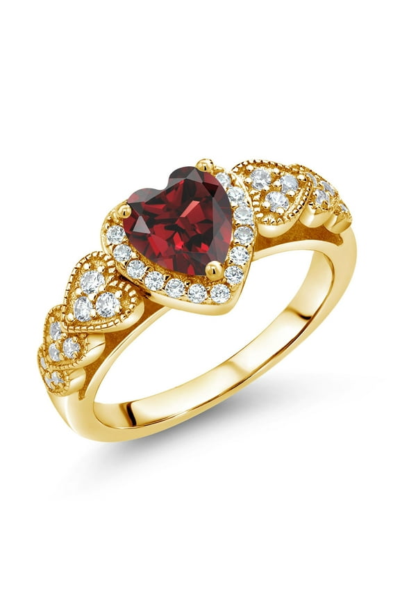 18K Yellow Gold Plated Silver Red Garnet Ring for Women (1.43 Cttw, Heart Shape 6MM, Gemstone Birthstone, Available in Size 5, 6, 7, 8, 9)