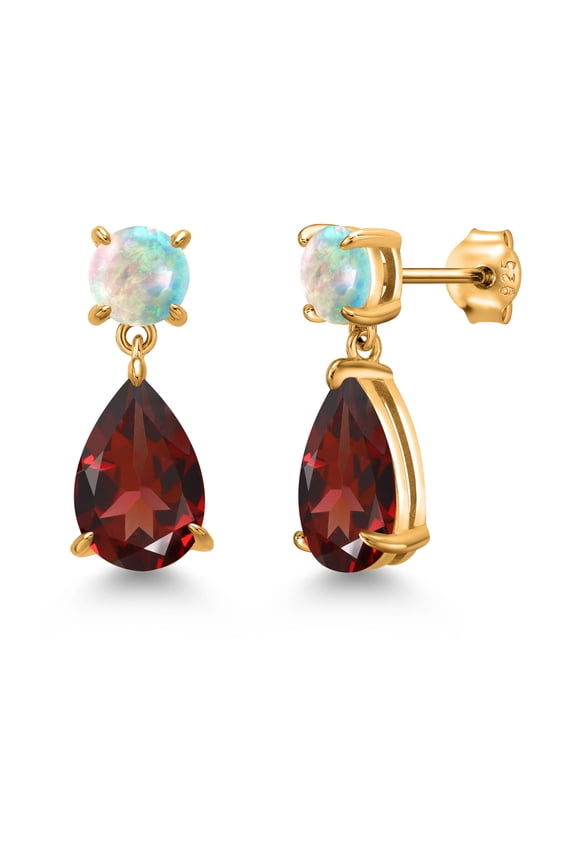 18K Yellow Gold Plated Silver Red Garnet and Simulated White Opal Earrings for Women | 8.34 Cttw | Gemstone January Birthstone | Pear Shape 12X8MM