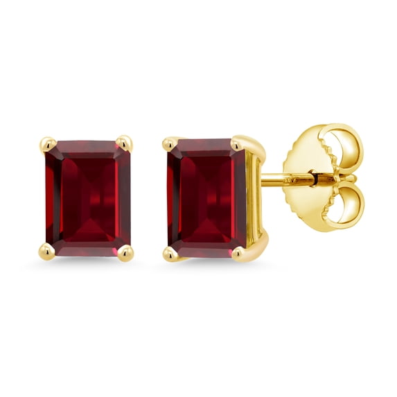 Gem Stone King 18K Yellow Gold Plated Silver Red Garnet Stud Earrings for Women Men (3.60 Cttw, Gemstone Birthstone, Emerald Cut 7X5MM)