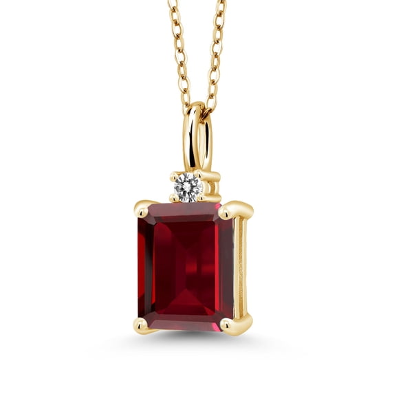 Gem Stone King 18K Yellow Gold Plated Silver Red Garnet and White Diamond Pendant Necklace for Women | 2.65 Cttw | Gemstone January Birthstone | Emerald Cut 9X7MM | With 18 inch Silver Chain