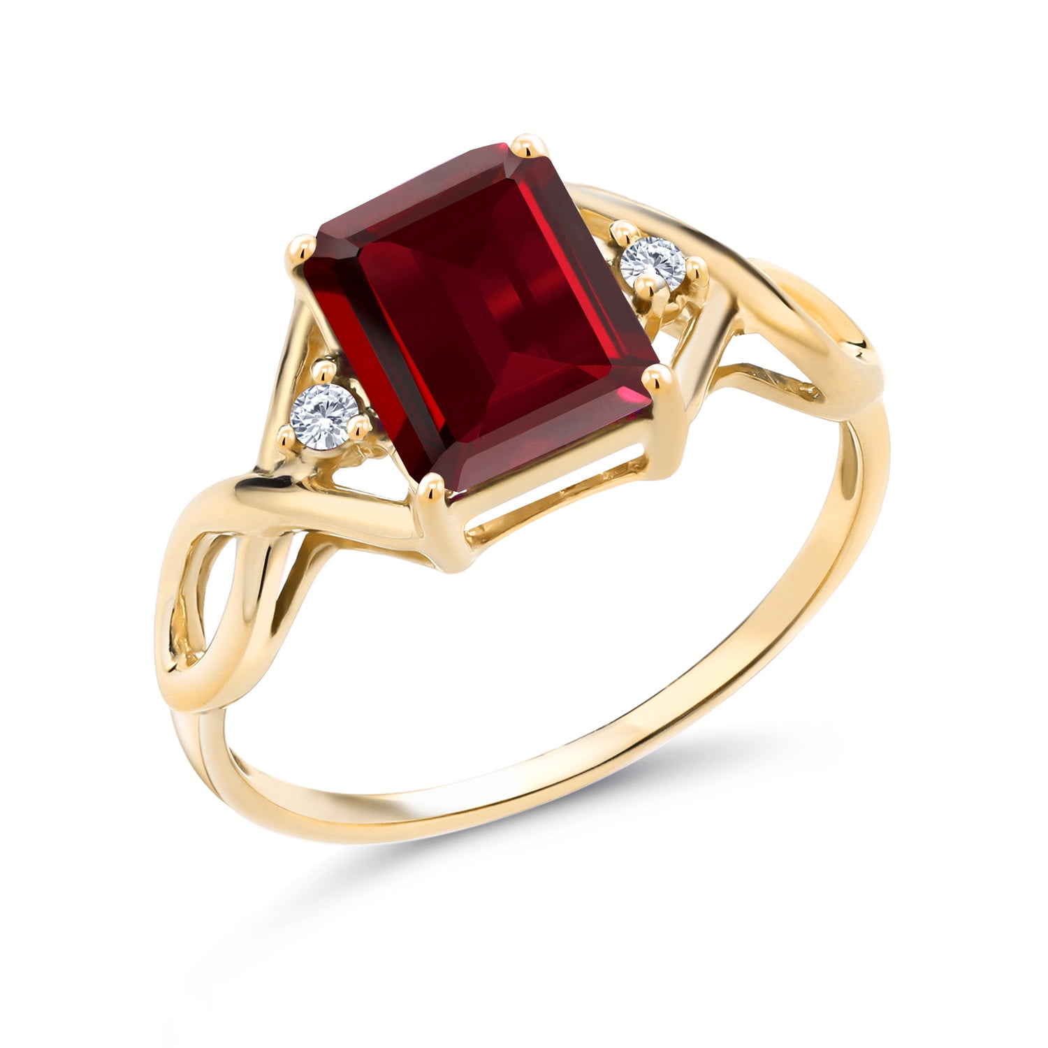 3-Stone Ring for Women | 18K Yellow Gold Plated Silver | 9X7MM Emerald Cut Gemstone Birthstone & Lab Grown Diamond | Wedding Anniversary Engagement Ring | Size 5-9 | Garnet, January | 6