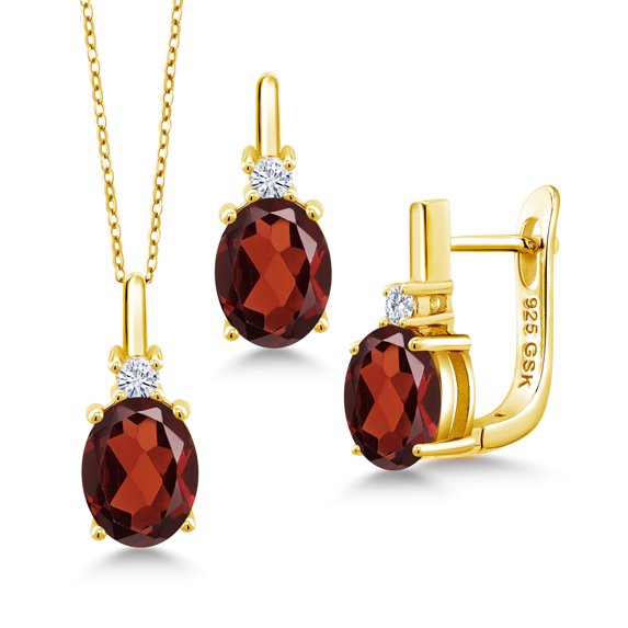 Gem Stone King 18K Yellow Gold Plated Silver Red Garnet and White Lab Grown Diamond Pendant and Earrings Jewelry Set for Women (6.57 Cttw, with 18 inch Chain)