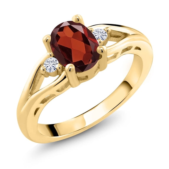 Gem Stone King 18K Yellow Gold Plated Silver Red Garnet and White Moissanite 3 Stone Engagement Ring for Women | 1.58 Cttw | Oval 8X6MM | Round 2MM | Gemstone January Birthstone | Size 6