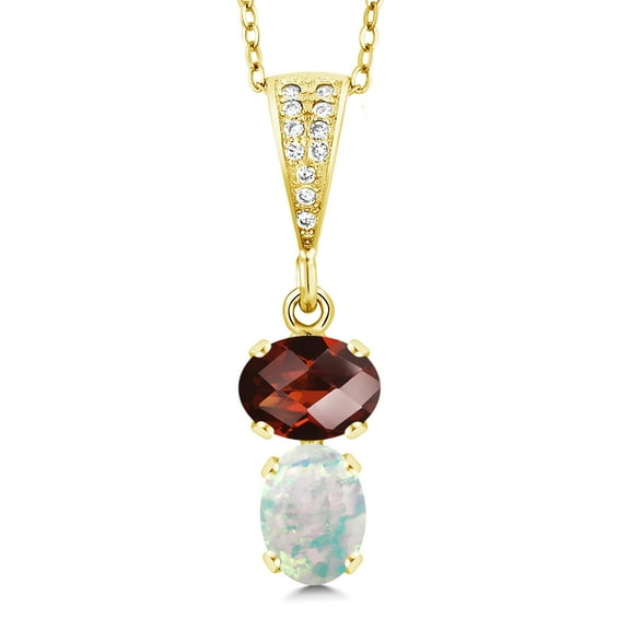 Gem Stone King 18K Yellow Gold Plated Silver Red Garnet and White Simulated Opal Pendant Necklace for Women (2.61 Cttw, Gemstone January Birthstone, Oval Checkerboard 8x6MM, with 18 inch Chain)