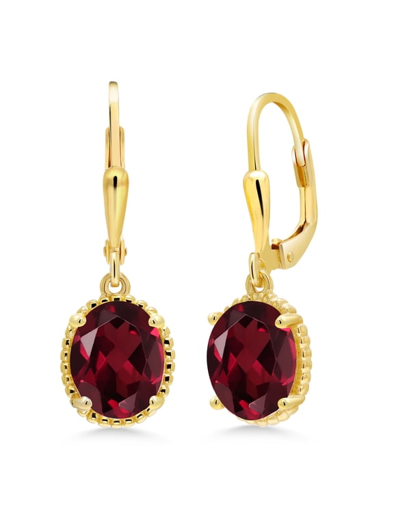 18K Yellow Gold Plated Silver Red Rhodolite Garnet Leverback Dangle Earrings for Women (4.00 Cttw, Gemstone January Birthstone, Oval 9X7MM)