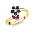thumbnail image 1 of Gem Stone King 18K Yellow Gold Plated Silver Red Ruby Blue Sapphire and White Lab Grown Diamond Flower Open Ring for Women (2.33 Cttw, Gemstone July Birthstone, Size 9), 1 of 3