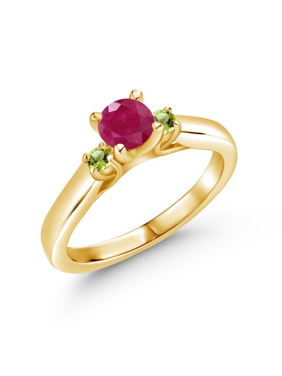 18K Yellow Gold Plated Silver Red Ruby and Green Peridot 3-Stone Engagement Ring for Women (0.69 Cttw, Gemstone July Birthstone, Size 7)