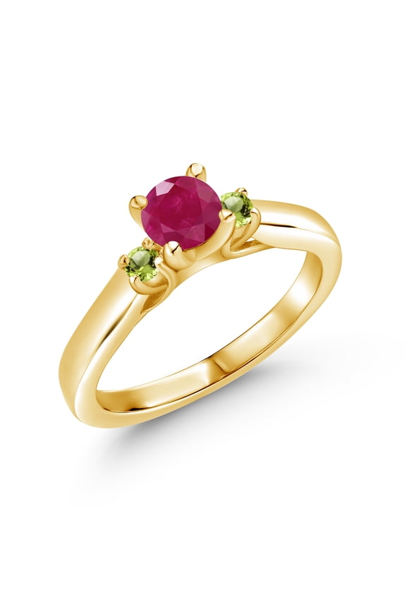 18K Yellow Gold Plated Silver Red Ruby and Green Peridot 3-Stone Engagement Ring for Women (0.69 Cttw, Gemstone July Birthstone, Size 8)
