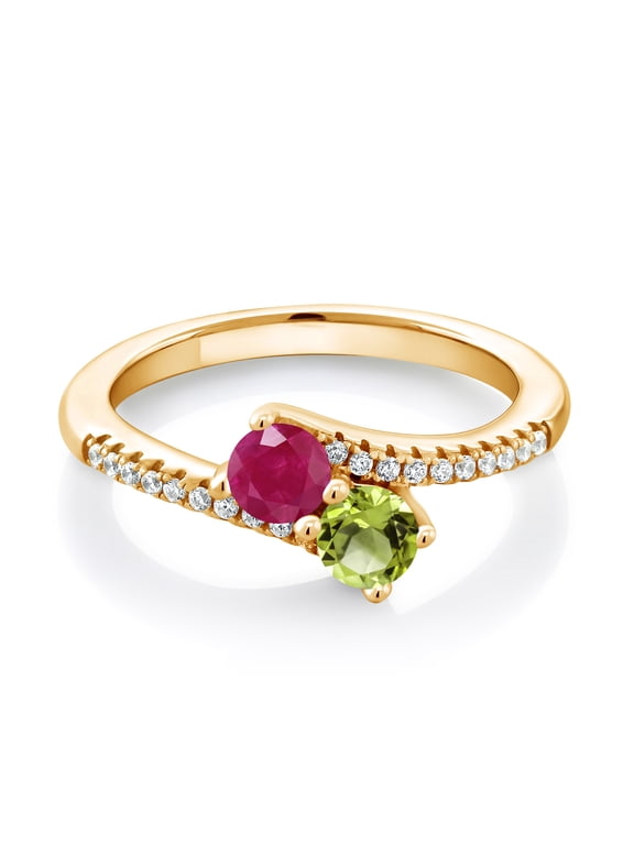 18K Yellow Gold Plated Silver Red Ruby and Green Peridot Bypass Ring for Women (0.89 Cttw, Gemstone July Birthstone, Round 4MM, Size 8)