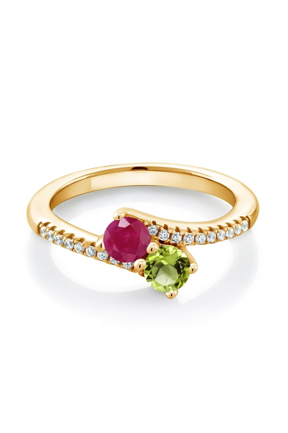 18K Yellow Gold Plated Silver Red Ruby and Green Peridot Bypass Ring for Women (0.89 Cttw, Gemstone July Birthstone, Round 4MM, Size 8)