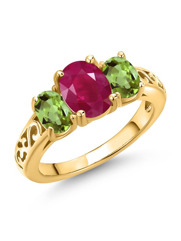 18K Yellow Gold Plated Silver Red Ruby and Green Peridot Filigree Style 3 Stone Ring for Women (2.60 Cttw, Oval 8X6MM and 6X4MM) (Size 8)