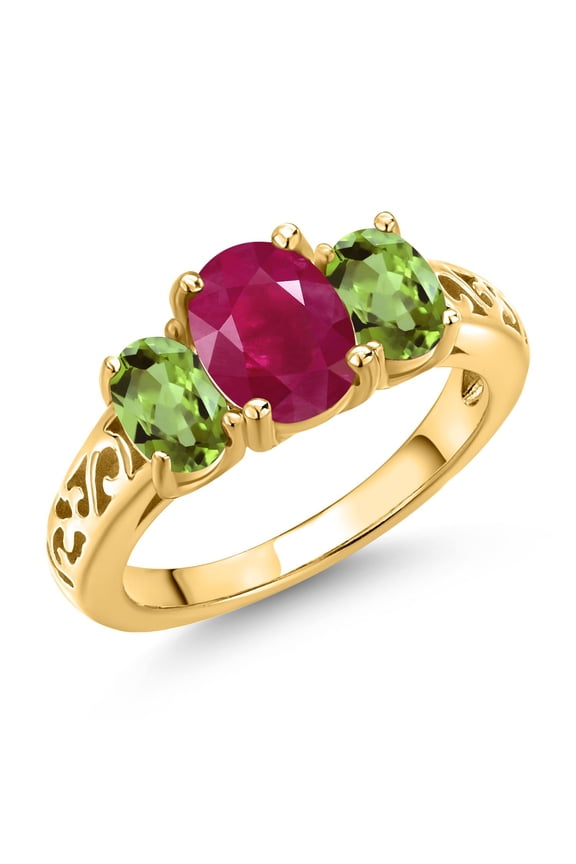 18K Yellow Gold Plated Silver Red Ruby and Green Peridot Filigree Style 3 Stone Ring for Women (2.60 Cttw, Oval 8X6MM and 6X4MM) (Size 5)