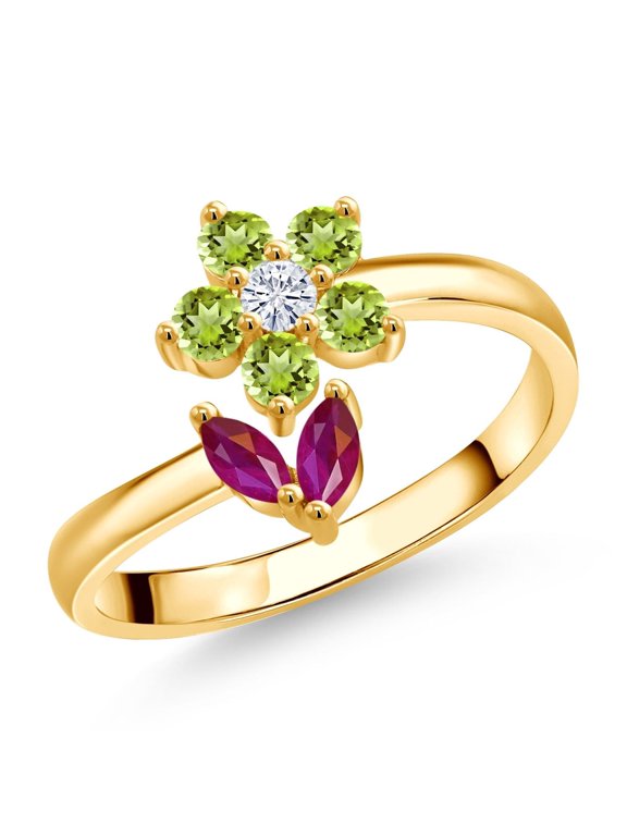 18K Yellow Gold Plated Silver Red Ruby Green Peridot and White Moissanite Flower Open Ring for Women (2.38 Cttw, Gemstone July Birthstone, Size 8)